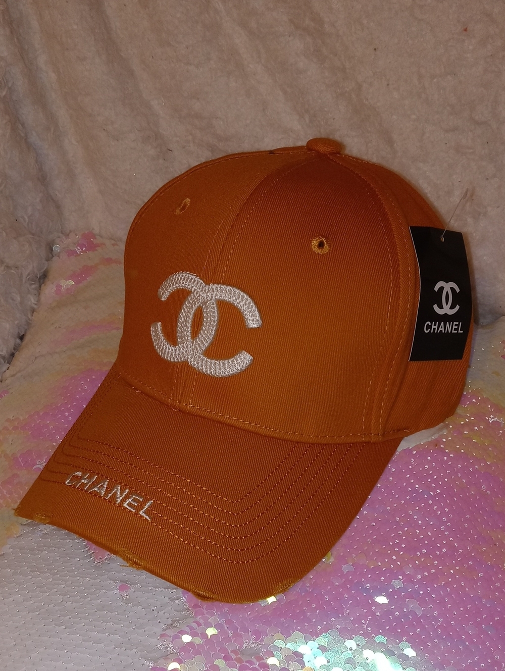 CHANEL Orange Baseball Cap with White CC Logo